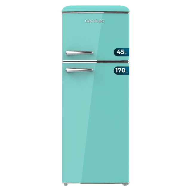 Cecotec Bolero CoolMarket 2D Origin 215 Green E Frigorífico retro con capacidad de 215L clase E Luz interior tirador cromado bandejas cristal y control de temperatura. Frigorífico combi retro / vintage verde 215 L