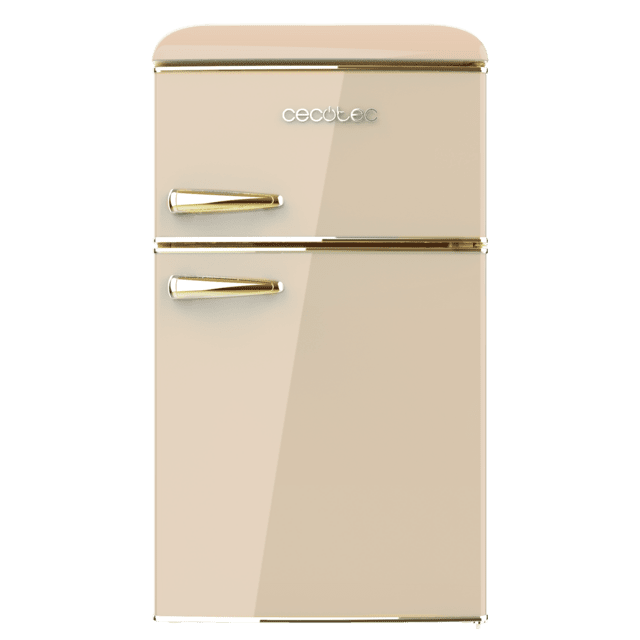 Cecotec Bolero CoolMarket 2D Origin 86 Beige E Mini Frigorífico Retro De Dos Puertas Beige De 89 3cm De Alto Y 48 7 De Ancho Con Capacidad De 86L Clase Energética E LED Interior Y Tirador Cromado Gold. Mini Frigorífico