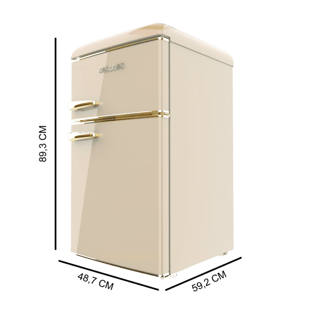Cecotec Bolero CoolMarket 2D Origin 86 Beige E Mini Frigorífico Retro De Dos Puertas Beige De 89 3cm De Alto Y 48 7 De Ancho Con Capacidad De 86L Clase Energética E LED Interior Y Tirador Cromado Gold. Mini Frigorífico