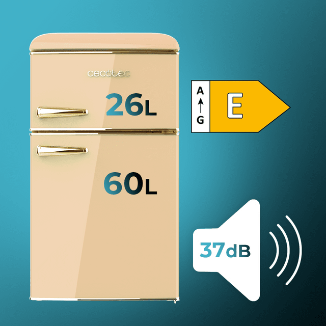 Cecotec Bolero CoolMarket 2D Origin 86 Beige E Mini Frigorífico Retro De Dos Puertas Beige De 89 3cm De Alto Y 48 7 De Ancho Con Capacidad De 86L Clase Energética E LED Interior Y Tirador Cromado Gold. Mini Frigorífico