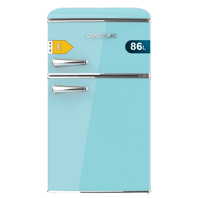 Cecotec Bolero CoolMarket 2D Origin 86 Blue E Mini frigorífico retro de dos puertas azul de 89 3cm de alto y 48 7 de ancho con capacidad de 86L clase energética E LED interior y tirador cromado. Mini frigorífico