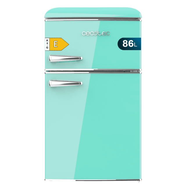 Cecotec Bolero CoolMarket 2D Origin 86 Green E Mini frigorífico retro de dos puertas verde de 89 3cm de alto y 48 7 de ancho con capacidad de 86L clase energética E LED interior y tirador cromado. Mini frigorífico retro de do