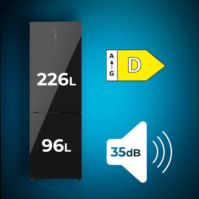 Cecotec Bolero CoolMarket 322 Glass Black D Frigorífico Combi De Cristal Color Negro Con 322 Litros De Capacidad 185 Cm De Alto Y 60 Cm De Ancho Motor Inverter Plus Y Clase D. Total No Frost Y 2 Cajones Para Los Productos Fresc