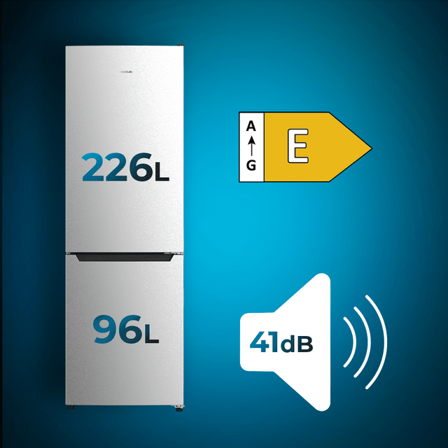 Cecotec Bolero CoolMarket 322 Inox E Frigorífico Combi Inox Con 322 Litros De Capacidad 185 Cm De Alto 60 Cm De Ancho Y Clase E. Con Sistema Multi Air Flow Total No Frost Y 2 Cajones Para Los Productos Frescos. Frigorífico Com