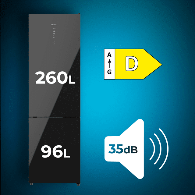 Cecotec Bolero CoolMarket 356 Black Glass D Frigorífico Combi Black Glass Con 356 Litros De Capacidad 200 Cm De Alto Y 60 Cm De Ancho Clase D Y Motor Inverter Plus. Con Sistema Multi Air Flow Total No Frost Y 2 Cajones Para Los