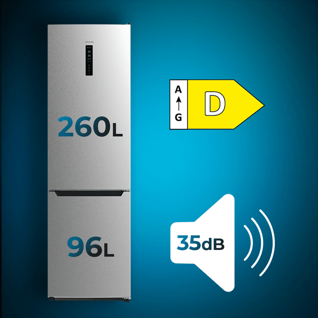 Cecotec Bolero CoolMarket 356 Inox D Frigorífico Combi Inox Con 356 Litros De Capacidad 200 Cm De Alto 60 Cm De Ancho Clase D Y Motor Inverter Plus. Con Sistema Multi Air Flow Total No Frost Y 2 Cajones Para Los Productos Fresc