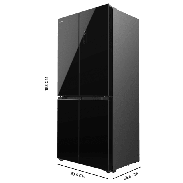Cecotec Bolero CoolMarket 4D 436 Black Glass E Frigorífico 4 Puertas Cristal Negro 183cm Alto Y 83 6cm Ancho Capacidad 436L Compresor Inverter Plus Total No Frost Alarma De Puerta Abierta Clase Energética E. Además Cuenta Con