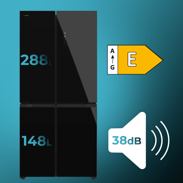 Cecotec Bolero CoolMarket 4D 436 Black Glass E Frigorífico 4 Puertas Cristal Negro 183cm Alto Y 83 6cm Ancho Capacidad 436L Compresor Inverter Plus Total No Frost Alarma De Puerta Abierta Clase Energética E. Además Cuenta Con