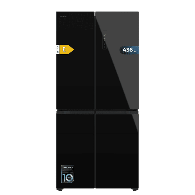 Cecotec Bolero CoolMarket 4D 436 Black Glass E Frigorífico 4 puertas cristal negro 183cm alto y 83 6cm ancho capacidad 436L compresor Inverter Plus Total No Frost Alarma de puerta abierta clase energética E. Además cuenta con