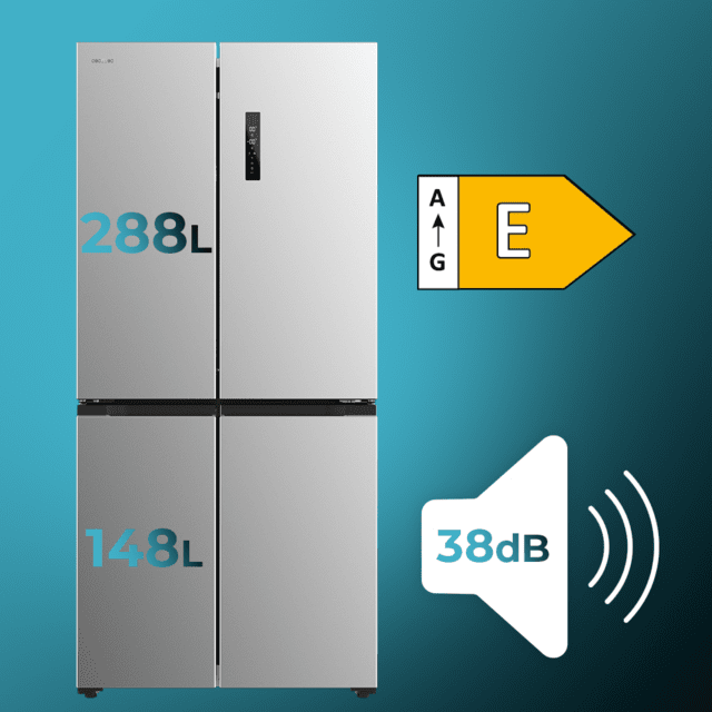 Cecotec Bolero CoolMarket 4D 436 Inox E Frigorífico 4 Puertas Inox 183cm Alto Y 83 6cm Ancho Capacidad 436L Compresor Inverter Plus Total No Frost Alarma De Puerta Abierta Clase Energética E. Además Cuenta Con Distintos Modos