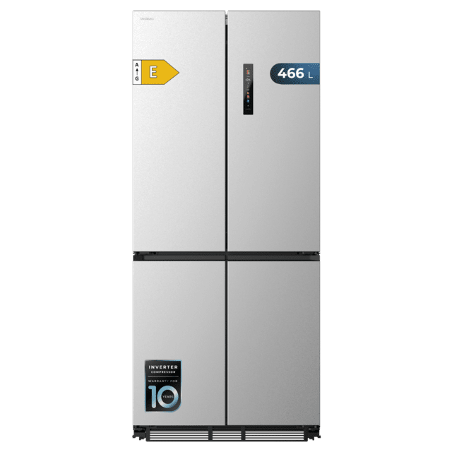 Cecotec Bolero CoolMarket 4D 466 SBI Inox E Frigorífico americano acero Inoxidable de 466 L de capacidad 193 5 x 84 4 cm clase E Total No Frost Compresor Inverter Plus y Multi AirFlow; y con tecnologías Fast Cooling y FastFree