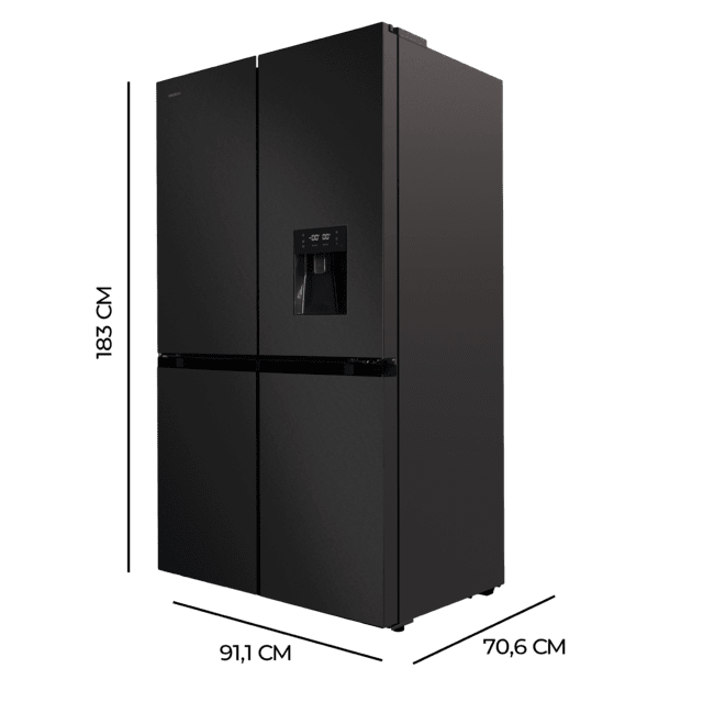 Cecotec Bolero CoolMarket 4D 564 Dark E Frigorífico 4 Puertas Dark Con Una Gran Capacidad De 564 L 183 Cm De Alto 91 Cm De Ancho Con Dispensador De Agua Clase Energética E Y Motor Inverter Plus. Además Cuenta Con Distintos Mo