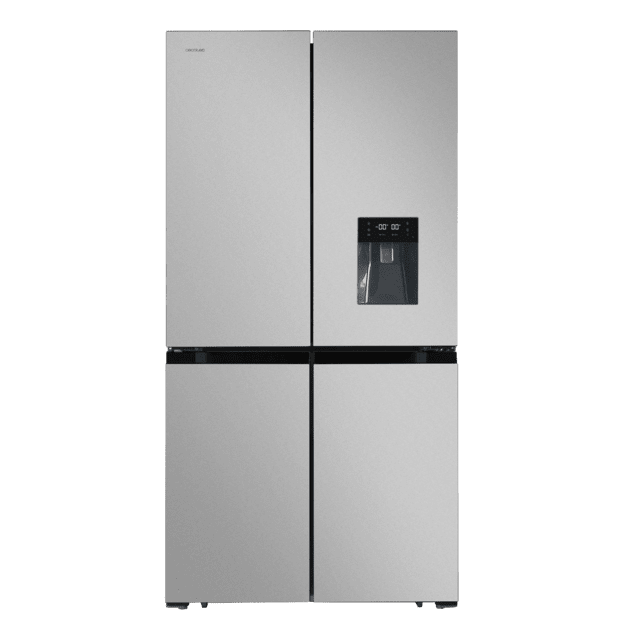 Cecotec Bolero CoolMarket 4D 564 Inox E Frigorífico 4 puertas inox con una gran capacidad de 564 L 183 cm de alto 91 cm de ancho con dispensador de agua clase energética E y motor inverter plus. Además cuenta con distintos mo