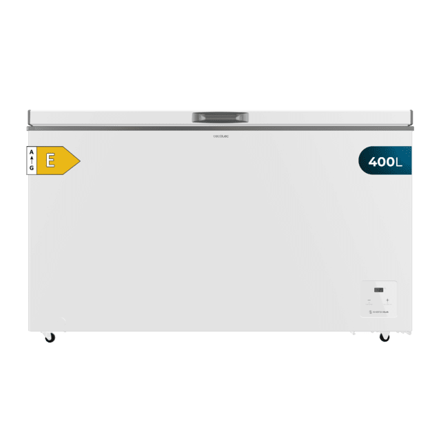 Cecotec Bolero CoolMarket Chest 400 white E Cogelador horizontal blanco 83 5cm alto y 136 5cm ancho con 400 L de capacidad compresor Inverter Plus conversible a frigorífico clase energética E dos cestas y con modo Fast Freezin