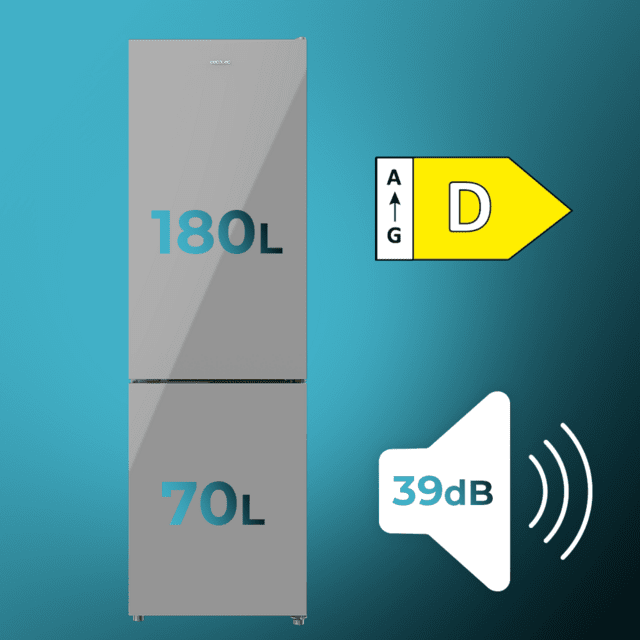 Cecotec Bolero CoolMarket Combi 250 Grey Glass D Frigorífico Combi Cristal Gris 180cm De Alto Y 55 Cm De Ancho Con 250 Litros De Capacidad Compresor Inverter Plus Total No Frost Clase Energética D Y Con Sistema Multi Air Flow.