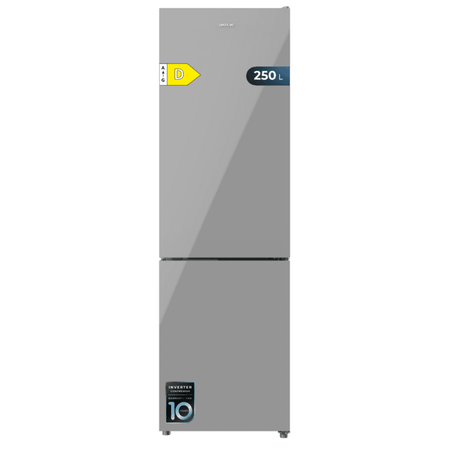 Cecotec Bolero CoolMarket Combi 250 Grey Glass D Frigorífico combi cristal gris 180cm de alto y 55 cm de ancho con 250 litros de capacidad compresor Inverter Plus Total No Frost clase energética D y con sistema Multi Air Flow.