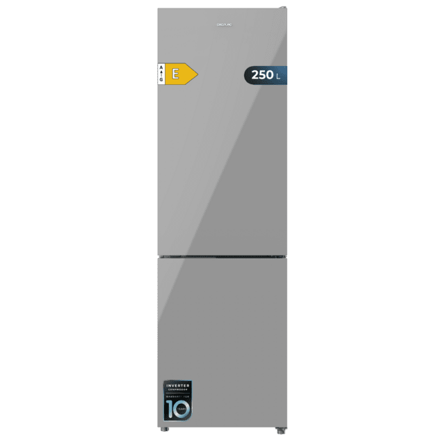 Cecotec Bolero CoolMarket Combi 250 Grey Glass E Frigorífico combi cristal gris 180cm de alto y 55 cm de ancho con 250 litros de capacidad Total No Frost clase energética E y con sistema Multi Air Flow Además Además cuenta c