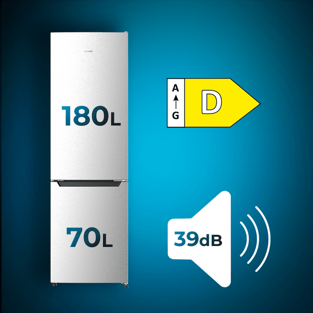 Cecotec Bolero CoolMarket Combi 250 Inox D Frigorífico Combi Con Nevera Y Congelador De 181de Alto Y 55 Cm De Ancho Clase D Y Motor Inverter Plus. Con Sistema Multi Air Flow Total No Frost Y Cajón Con Humedad Regulable. Frigor