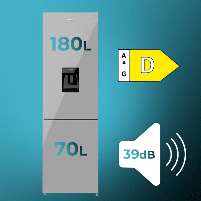 Cecotec Bolero CoolMarket Combi 250 WD Grey Glass D Frigorífico Combi Cristal Gris 180cm De Alto Y 55 Cm De Ancho Con 250 Litros De Capacidad Compresor Inverter Plus Total No Frost Dispensador De Agua Clase Energética D Y Con