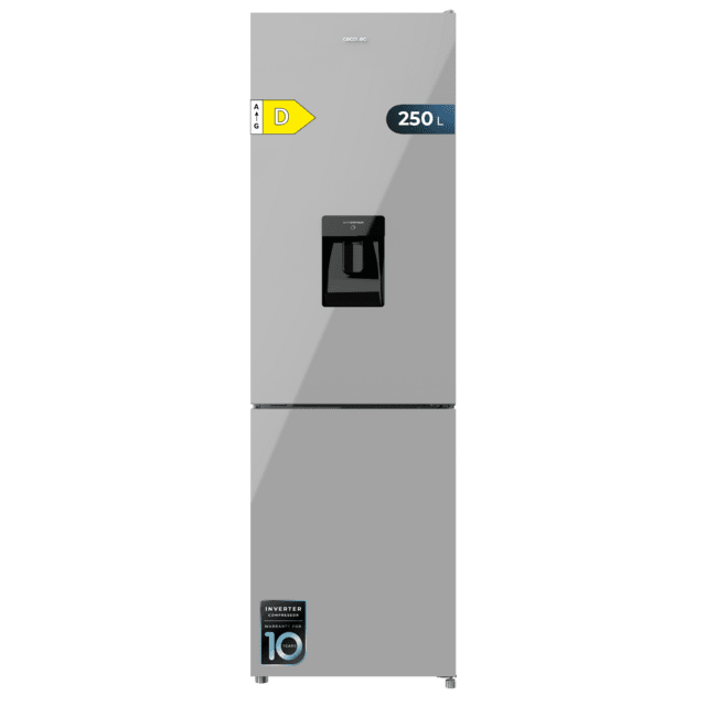 Cecotec Bolero CoolMarket Combi 250 WD Grey Glass D Frigorífico combi cristal gris 180cm de alto y 55 cm de ancho con 250 litros de capacidad compresor Inverter Plus Total No Frost dispensador de agua clase energética D y con