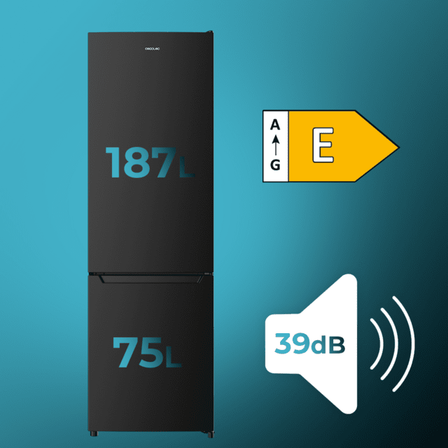 Cecotec Bolero CoolMarket Combi 262 Black E Frigorífico Combi Cíclico Color Negro Capacidad De 262 Litros Alto 176 Cm Ancho 54 Cm Clasificación Energética E Iluminación Interior LED Control Electrónico De Temperatura Bande