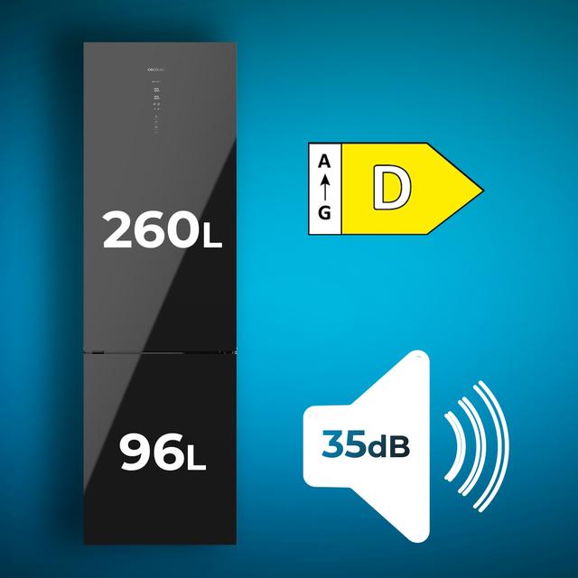 Cecotec Bolero CoolMarket Combi 322 Glass Black E Frigorífico Con Congelador De Cristal Negro Con 322 Litros De Capacidad 185 Cm De Alto 60 Cm Ancho Y Clase Energética E. Con Sistema Multi Air Flow Total No Frost Y 2 Cajones P