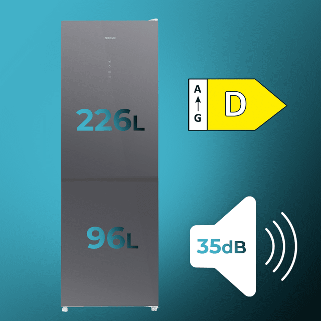 Cecotec Bolero CoolMarket Combi 322 Glass Grey D Frigorífico Combi De Cristal Color Gris Con 322 Litros De Capacidad 185 Cm De Alto Y 60 Cm De Ancho Motor Inverter Y Clase D Metal Cooling Total No Frost Y 2 Cajones Para Los Pro