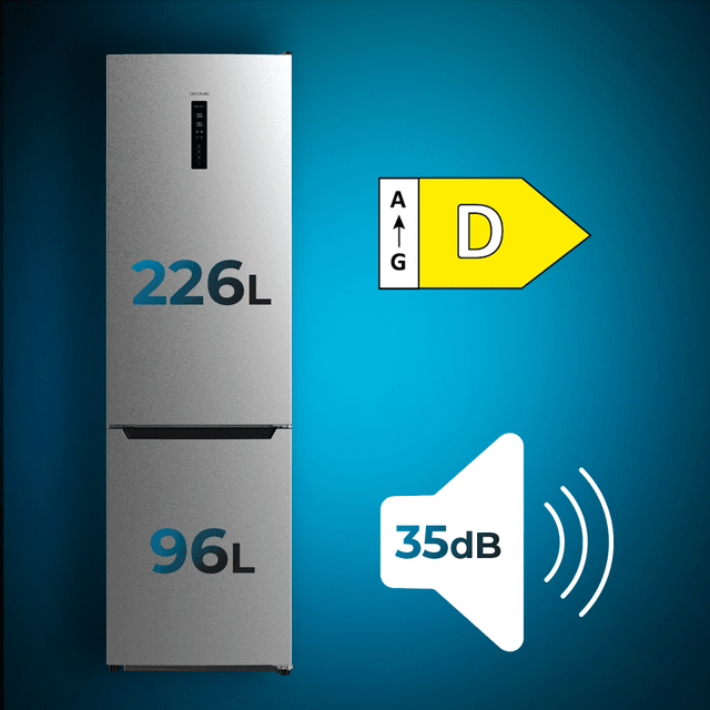 Cecotec Bolero CoolMarket Combi 322 Inox D Frigorífico Combi Inox Con 322 Litros De Capacidad 185 De Alto Y 60 Cm De Ancho Con Motor Inverter Y Clase D. Con Sistema Multi Air Flow Total No Frost Y 2 Cajones Para Los Productos F