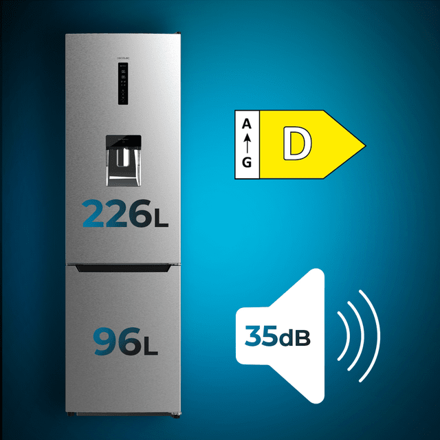 Cecotec Bolero CoolMarket Combi 322 WD Inox D Frigorífico Combi Inox Con Dispensador De Agua 322 Litros De Capacidad 185 Cm De Alto Y 60 Cm De Ancho Motor Inverter Plus Y Clase D. Con Sistema Multi Air Flow Total No Frost Y 2 C