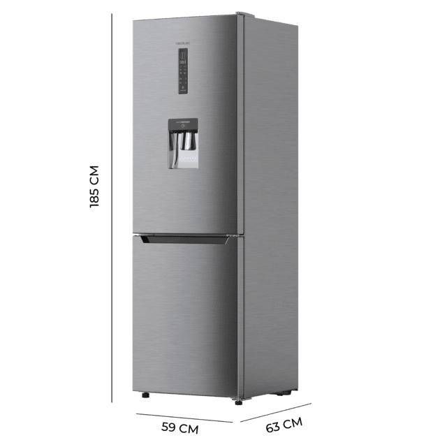 Cecotec Bolero CoolMarket Combi 322 WD Inox E Frigorífico Combi Inox 185 5cm De Alto Y 59 5 Cm De Ancho Con 322 Litros De Capacidad Compresor Inverter Plus Total No Frost Dispensador De Agua Clase Energética D Y Con Sistema Mu
