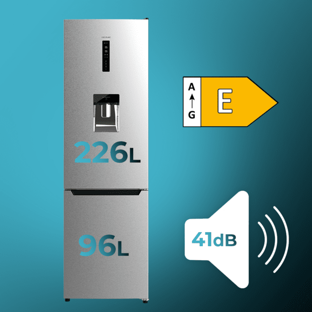 Cecotec Bolero CoolMarket Combi 322 WD Inox E Frigorífico Combi Inox 185 5cm De Alto Y 59 5 Cm De Ancho Con 322 Litros De Capacidad Compresor Inverter Plus Total No Frost Dispensador De Agua Clase Energética D Y Con Sistema Mu