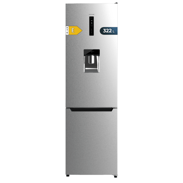Cecotec Bolero CoolMarket Combi 322 WD Inox E Frigorífico combi inox 185 5cm de alto y 59 5 cm de ancho con 322 litros de capacidad compresor Inverter Plus Total No Frost dispensador de agua clase energética D y con sistema Mu