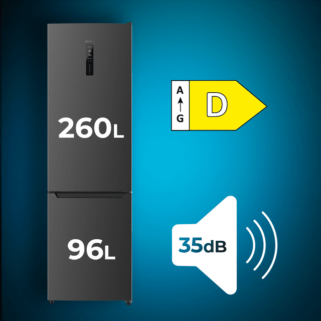 Cecotec Bolero CoolMarket Combi 356 Dark D Frigorífico Combi Dark Con 356 Litros De Capacidad 200 Cm De Alto Y 60 Cm De Ancho Clase D Y Motor Inverter Plus. Con Sistema Multi Air Flow Total No Frost Y 2 Cajones Para Los Product