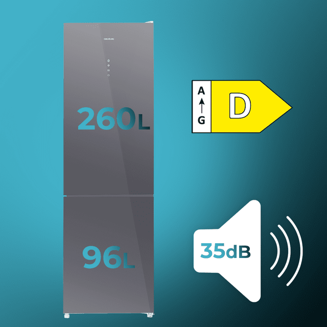 Cecotec Bolero CoolMarket Combi 356 Glass Grey D Frigorífico Con 356 Litros De Capacidad 200 Cm De Alto Y 60 Cm De Ancho Motor Inverter Plus Y Clase D. Con Sistema Multi Air Flow Total No Frost Y 2 Cajones Para Los Productos Fr