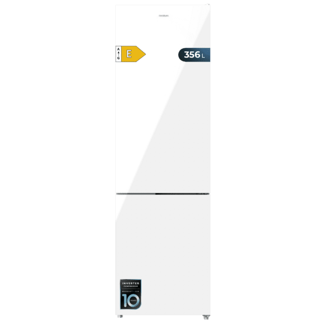 Cecotec Bolero CoolMarket Combi 356 White Glass E Frigorífico combi cristal blanco 200cm alto y 59 5 cm ancho capacidad 356L Total No Frost clase energética E. Además cuenta con distintos modos como Fast Cooling y Fast Freezi