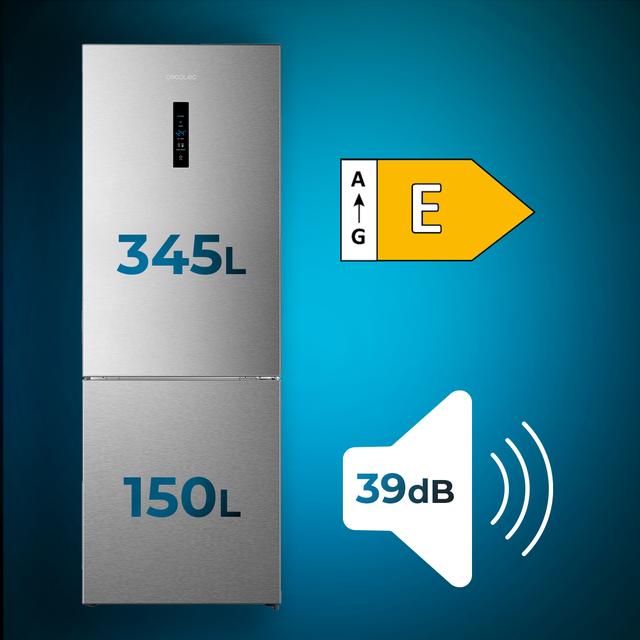 Cecotec Bolero CoolMarket Combi 495 Inox E Frigorífico Combi Inox 495 Litros De Capacidad 2 Metros De Alto Y 70 Cm Ancho Clase E Con Sistema Multi Air Flow Total No Frost Multi Cooling. Frigorífico Combi Con Nevera Y Congelado