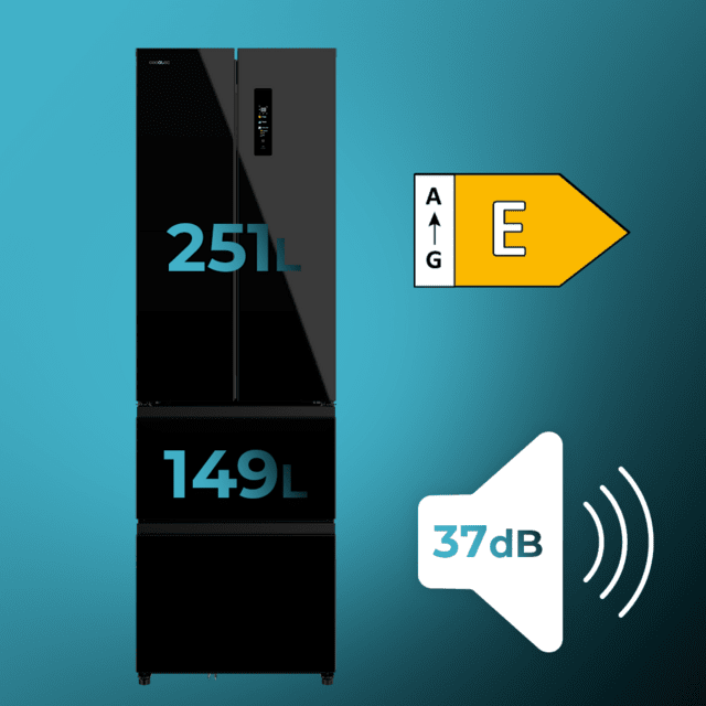 Cecotec Bolero CoolMarket Combi F2D 400 Black Glass E Frigorífico Combi French Door 4 Puertas Cristal Negro Capacidad De 400 Litros Ancho De 60 Cm Y Alto De 191 Cm Sistema Total NoFrost Max Inside Distribución De Frío Multi A