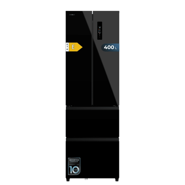 Cecotec Bolero CoolMarket Combi F2D 400 Black Glass E Frigorífico Combi French Door 4 Puertas Cristal Negro Capacidad de 400 Litros Ancho de 60 cm y alto de 191 cm Sistema Total NoFrost Max Inside Distribución de frío Multi A