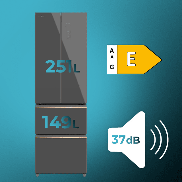 Cecotec Bolero CoolMarket Combi F2D 400 Grey Glass E Frigorífico Combi French Door 4 Puertas Cristal Gris Capacidad De 400 Litros Ancho De 60 Cm Y Alto De 191 Cm Sistema Total NoFrost Max Inside Distribución De Frío Multi Air