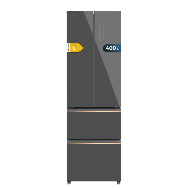 Cecotec Bolero CoolMarket Combi F2D 400 Grey Glass E Frigorífico Combi French Door 4 Puertas Cristal Gris Capacidad de 400 Litros Ancho de 60 cm y alto de 191 cm Sistema Total NoFrost Max Inside Distribución de frío Multi Air