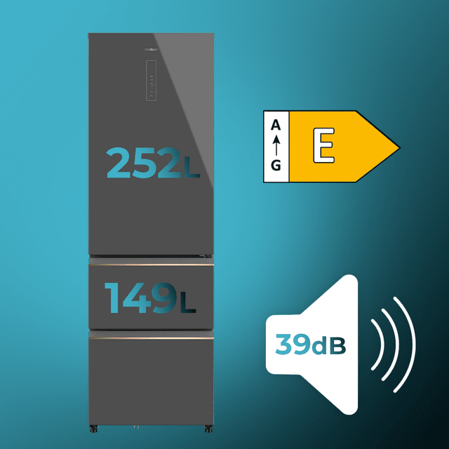 Cecotec Bolero CoolMarket Combi FD 400 Grey Glass E Frigorífico Con Capacidad De 400L Ancho De 60 Cm Y Alto De 191 Cm Sistema Total NoFrost Max Inside Distribución De Frío Multi AirFlow Display Digital Exterior Interior Con D
