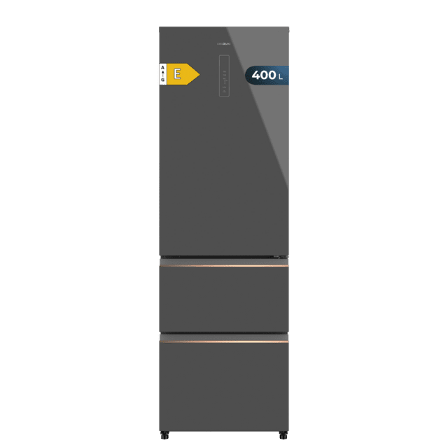 Cecotec Bolero CoolMarket Combi FD 400 Grey Glass E Frigorífico con capacidad de 400L Ancho de 60 cm y alto de 191 cm Sistema Total NoFrost Max Inside Distribución de frío Multi AirFlow Display Digital Exterior Interior con d
