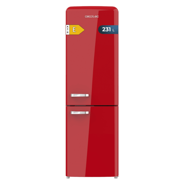 Cecotec Bolero CoolMarket Combi Origin 231 NF Red E Frigorífico combi retro rojo 176 5cm alto y 54cm ancho capacidad 231L Total No Frost y clase E y con sistema Multi Air Flow. Además cuenta con el modo Fast Cooling. Frigoríf