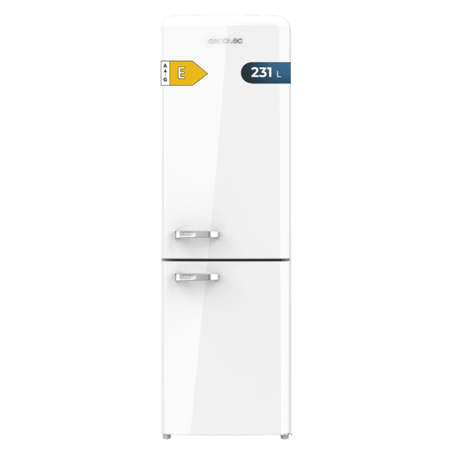 Cecotec Bolero CoolMarket Combi Origin 231 NF White E Frigorífico combi retro blanco 176 5cm alto y 54cm ancho capacidad 231L Total No Frost y clase E y con sistema Multi Air Flow. Además cuenta con el modo Fast Cooling. Frigo