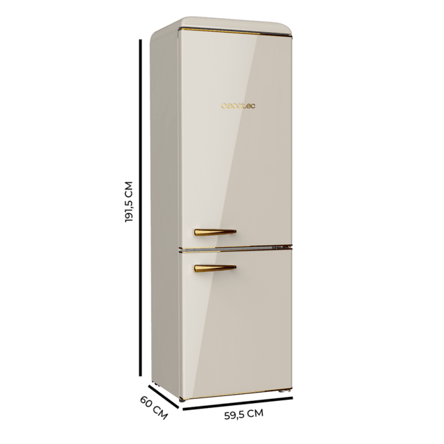 Cecotec Bolero CoolMarket Combi Origin 300 Beige E Frigorífico Retro Combi Origin Beige Con Capacidad De 300L Clase E Iluminación Interior Bandejas De Cristal Y Tirador Gold. Frigorífico Combi Retro / Vintage Beige 300 L