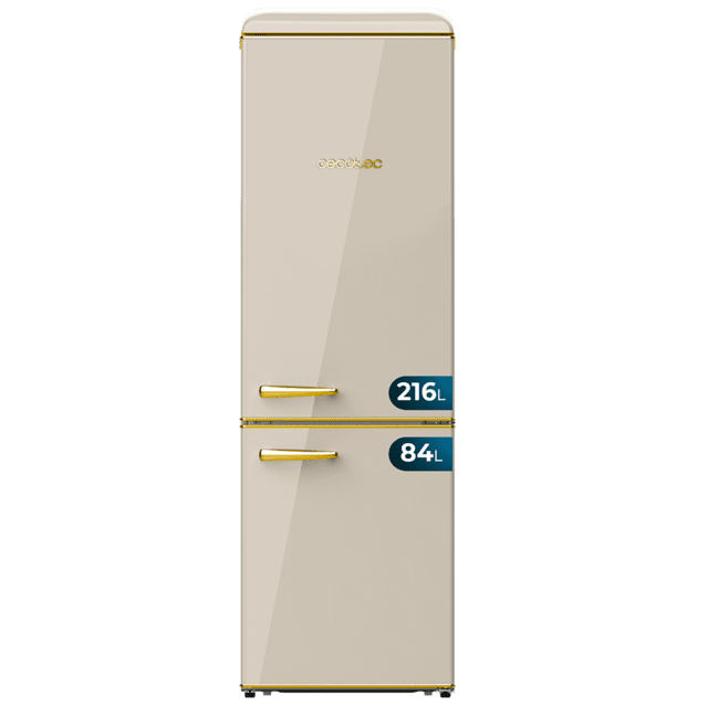 Cecotec Bolero CoolMarket Combi Origin 300 Beige E Frigorífico retro combi Origin Beige con capacidad de 300L clase E iluminación interior bandejas de cristal y tirador gold. Frigorífico combi retro / vintage Beige 300 L