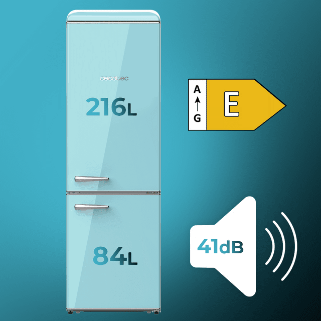 Cecotec Bolero CoolMarket Combi Origin 300 Blue E Frigorífico Retro Con Capacidad De 300L Clase E Luz Interior Crisper Box Control De Temperatura Tirador Cromado Y Bandejas De Cristal. Frigorífico Retro Combi 