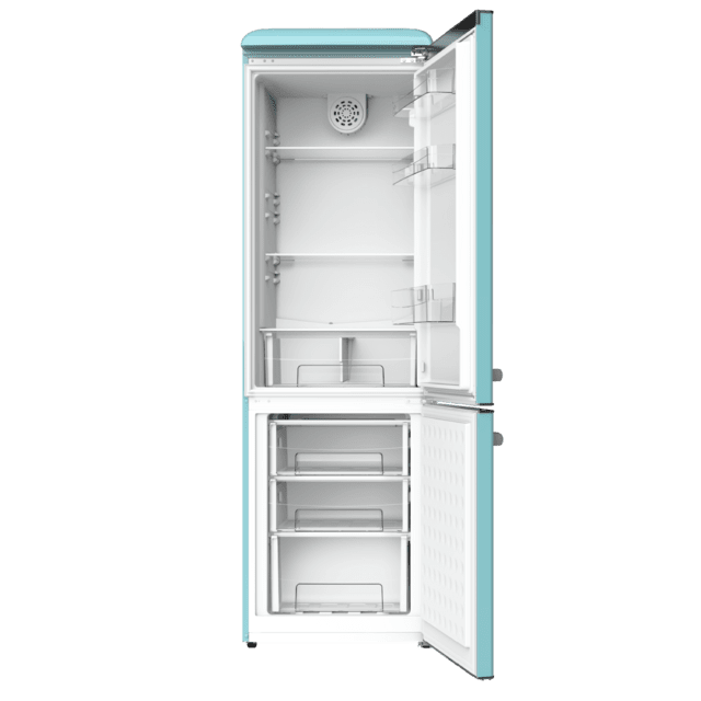 Cecotec Bolero CoolMarket Combi Origin 300 Blue E Frigorífico Retro Con Capacidad De 300L Clase E Luz Interior Crisper Box Control De Temperatura Tirador Cromado Y Bandejas De Cristal. Frigorífico Retro Combi 
