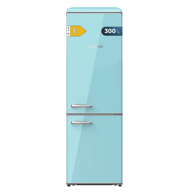 Cecotec Bolero CoolMarket Combi Origin 300 Blue E Frigorífico retro con capacidad de 300L clase E Luz interior Crisper Box control de temperatura tirador cromado y bandejas de cristal. Frigorífico retro combi 