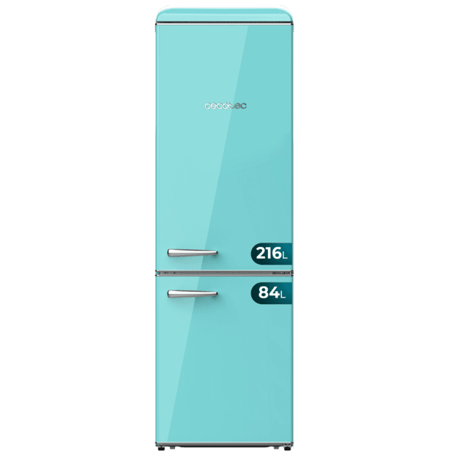 Cecotec Bolero CoolMarket Combi Origin 300 Green E Frigorífico retro con capacidad de 300L clase E Luz interior Crisper Box control de temperatura tirador cromado y bandejas de cristal. Frigorífico retro combi 